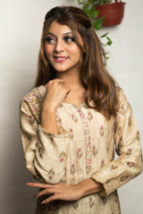 A women is wearing beige pure chanderi printed kurti, ethnic wear for women