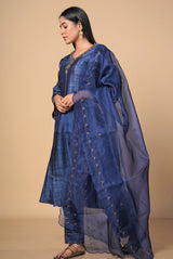 A women wearing navy blue pure tussar party wear salwar suit, ethnic wear for women