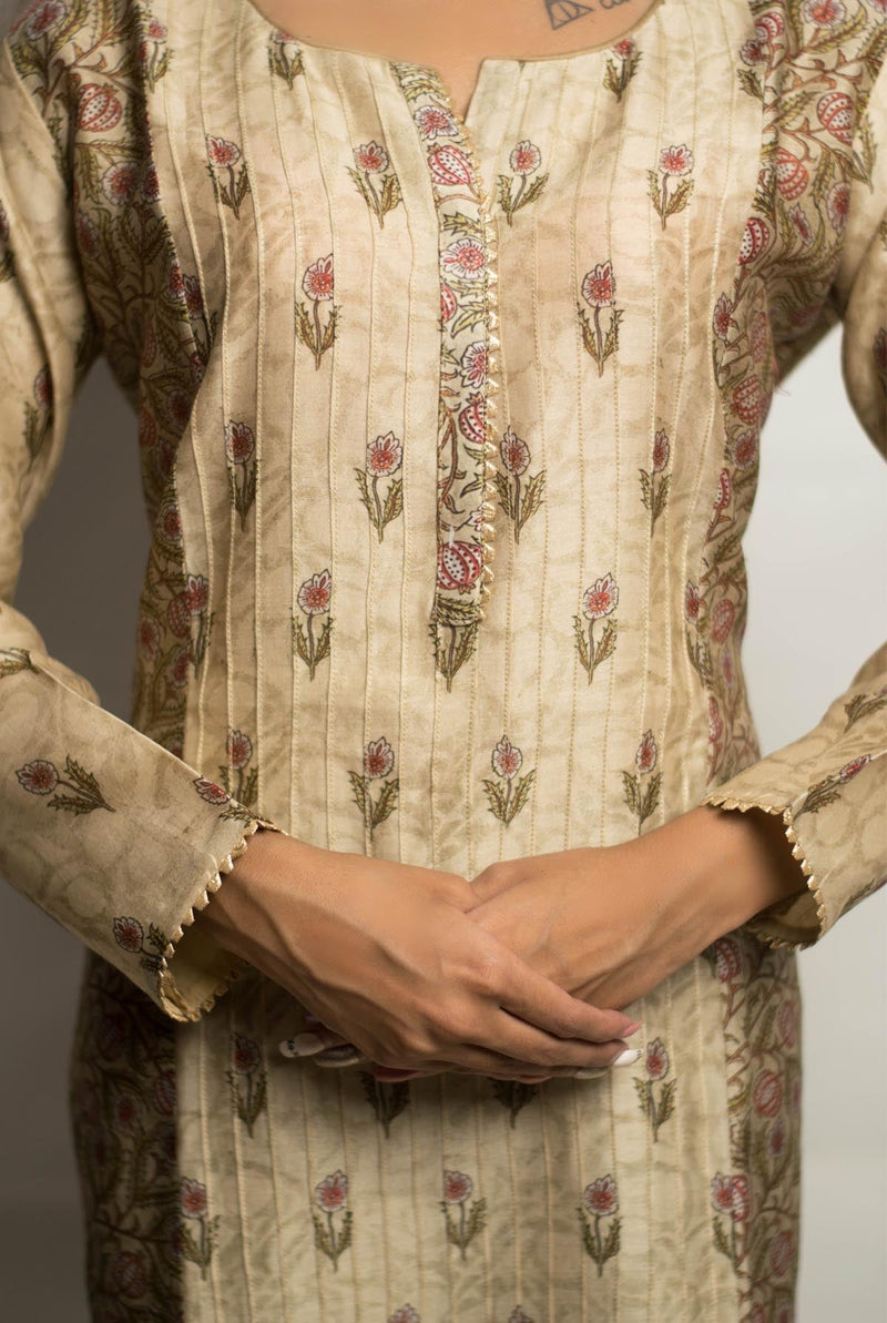 A women is wearing beige pure chanderi printed kurti, ethnic wear for women