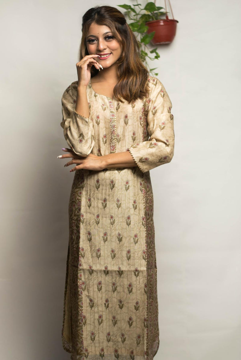 A women is wearing beige pure chanderi printed kurti, ethnic wear for women