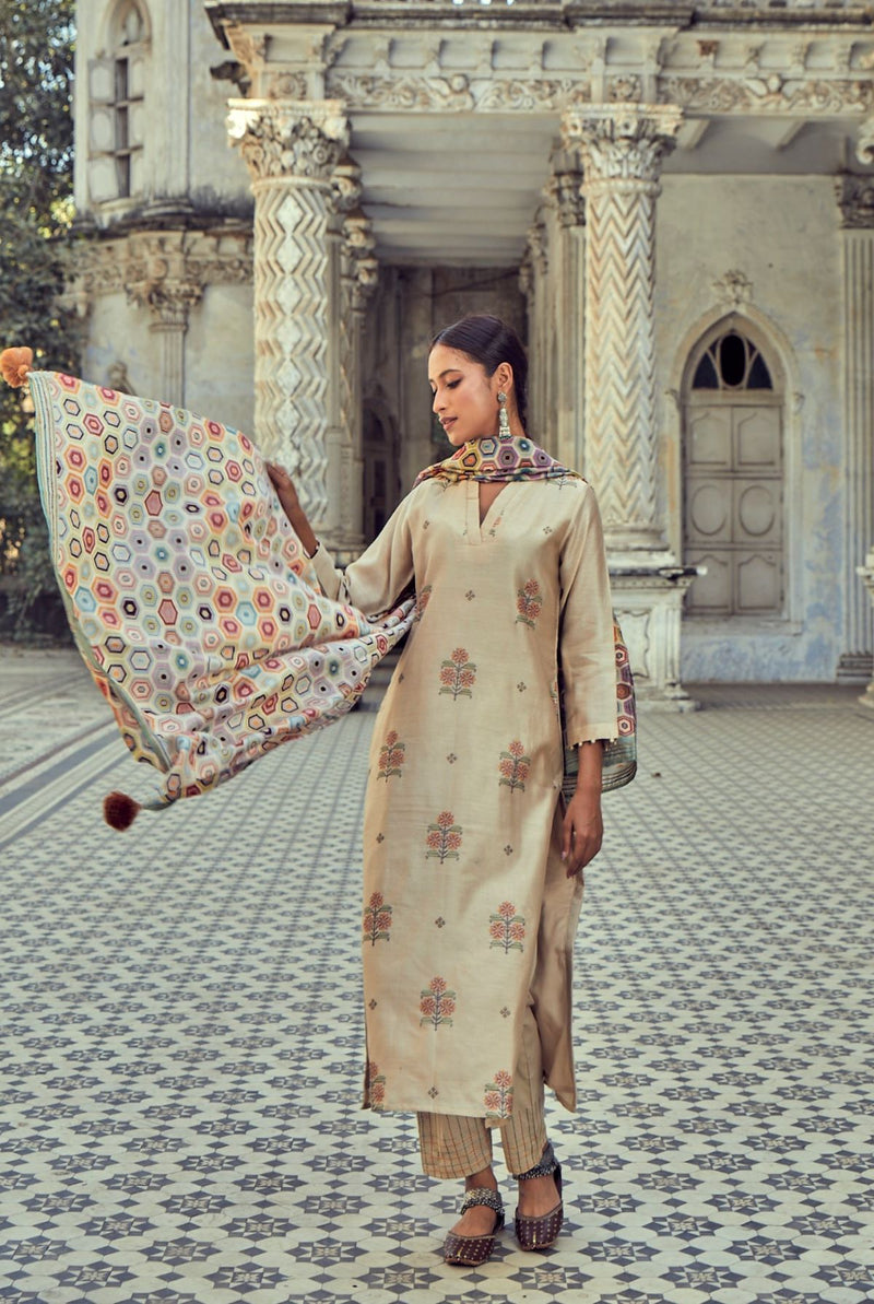 Beige pure chanderi suit set