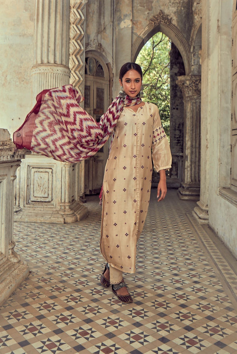 Pure chanderi beige kurta with all over  embroidered buta