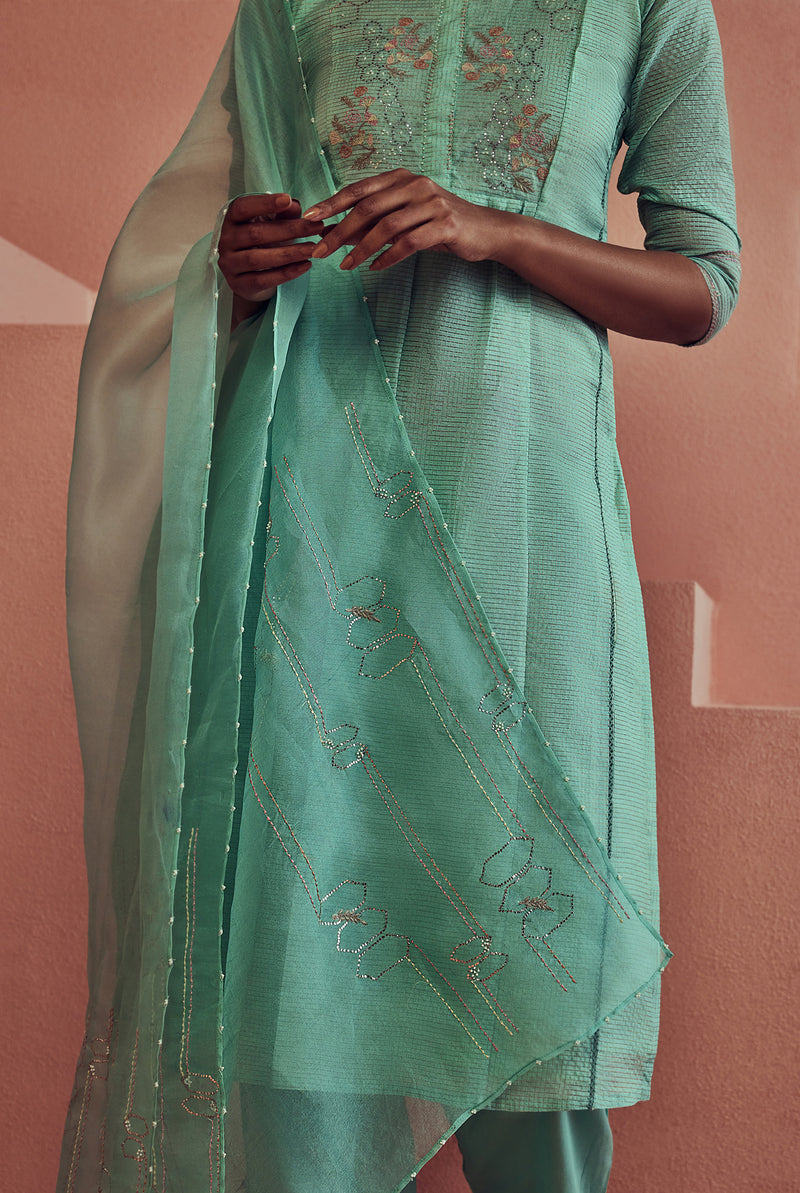 A women wearing firoza pure fancy chanderi  suit set with princess cut, ethnic wear for women.