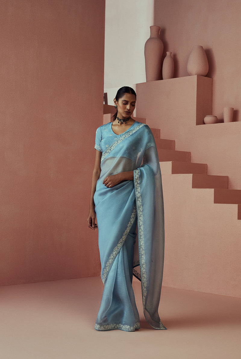 A women wearing light blue pure organza saree, party wear for women.