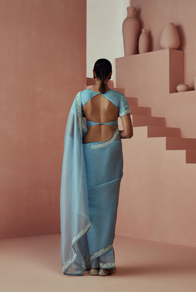 A women wearing light blue pure organza saree, party wear for women.