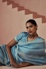 A women wearing light blue pure organza saree, party wear for women.
