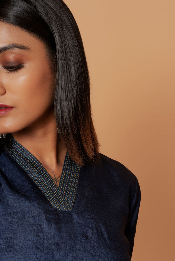 A women wearing blue pure tussar kurti set, ethnic wear for women