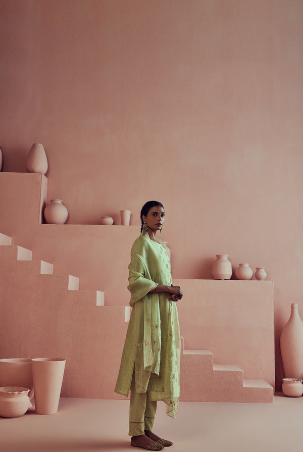 A women wearing pastel green fancy chanderi suit set with organza dupatta, ethnic wear for women.