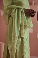 A women wearing pastel green fancy chanderi suit set with organza dupatta, ethnic wear for women.
