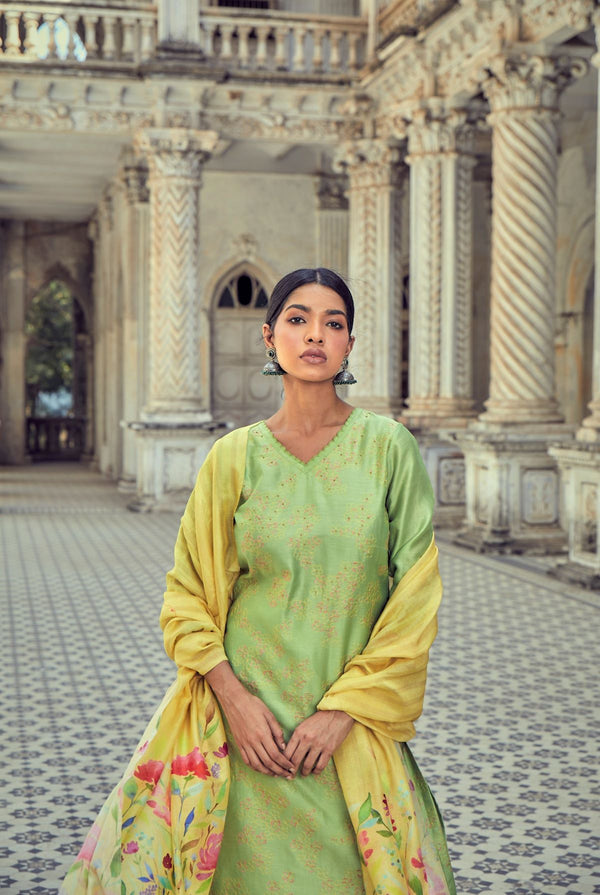 Parrot green pure chanderi suit set