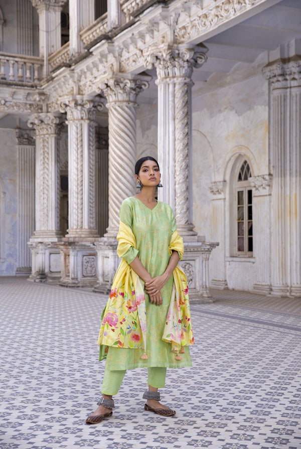 Parrot green pure chanderi suit set