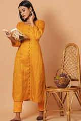 A women wearing mustard pure tussar kurti set, ethnic wear for women