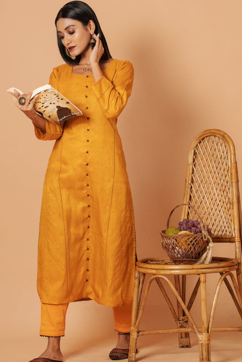 Ahika Women Fancy Occasion Wear Mustard Color Printed Crepe Fabric Kur