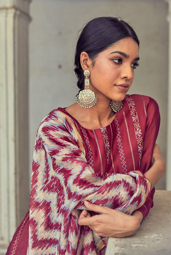 Maroon pure chanderi suit set