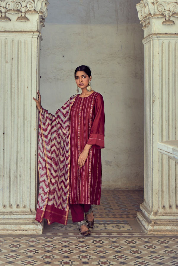 Maroon pure chanderi suit set
