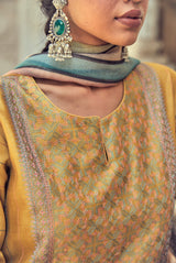 A women wearing mustard party wear salwar suit, ethnic wear for women.