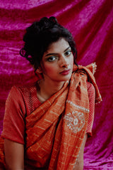 Pure Tussar orange saree with zari checks