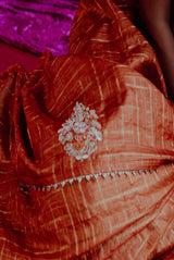 Pure Tussar orange saree with zari checks