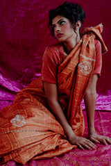 Pure Tussar orange saree with zari checks