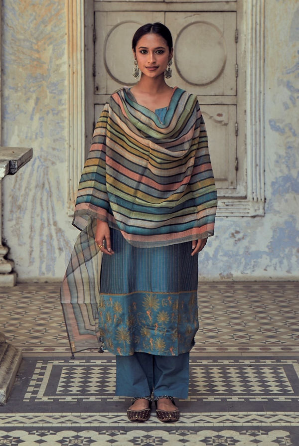 Prussian blue pure chanderi suit set