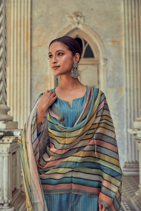 Prussian blue pure chanderi suit set