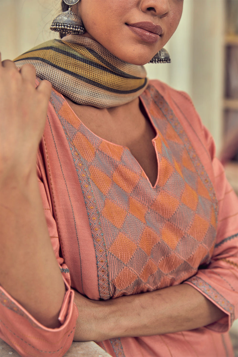 Peach pure chanderi suit set