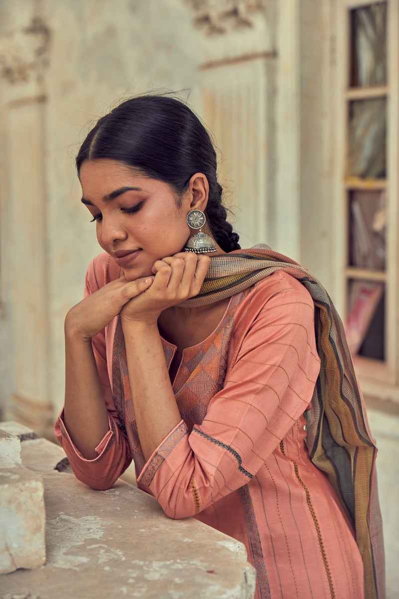 Peach pure chanderi suit set