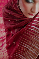 A woman wearing rani pure tissue saree, latest saree, new saree collection