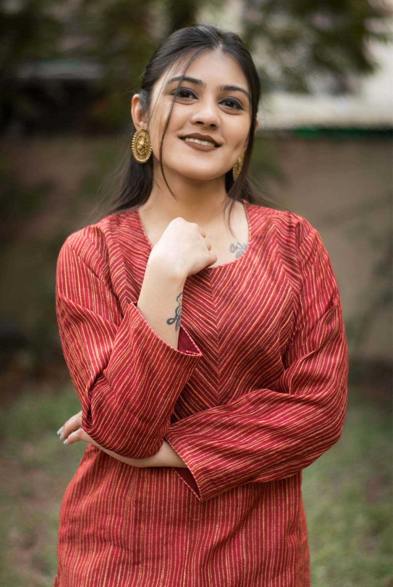 A women wearing red chanderi kurti, ethnic wear for women