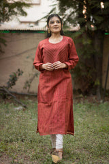 A women wearing red chanderi kurti, ethnic wear for women