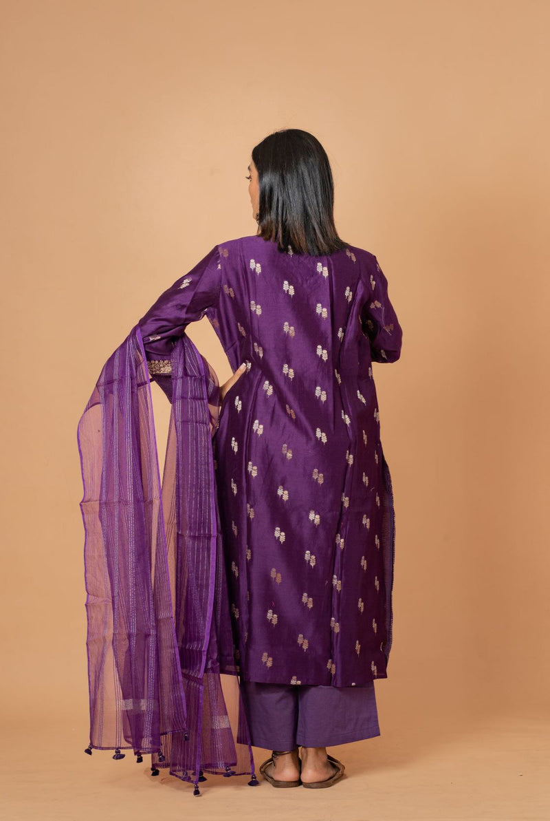Purple woven chanderi suit set