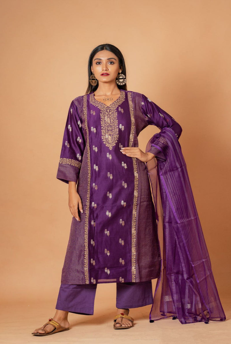 Purple woven chanderi suit set