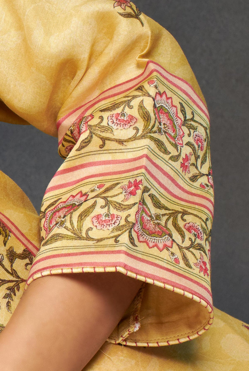 A women wearing yellow chanderi printed kurti, ethnic wear for women