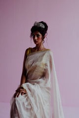 A woman wearing silver pure tissue saree, latest saree, new saree collection