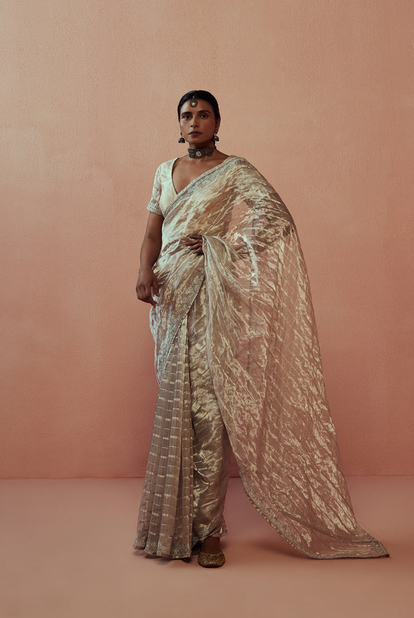 A women wearing pure silver tissue saree with woven stripes, party wear for women.
