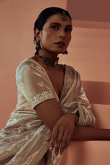 A women wearing pure silver tissue saree with woven stripes, party wear for women.