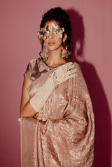 A woman wearing lilac pure crepe saree, latest saree, new saree collection