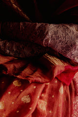 A woman wearing orange pure tissue georgette saree, latest saree, new saree collection