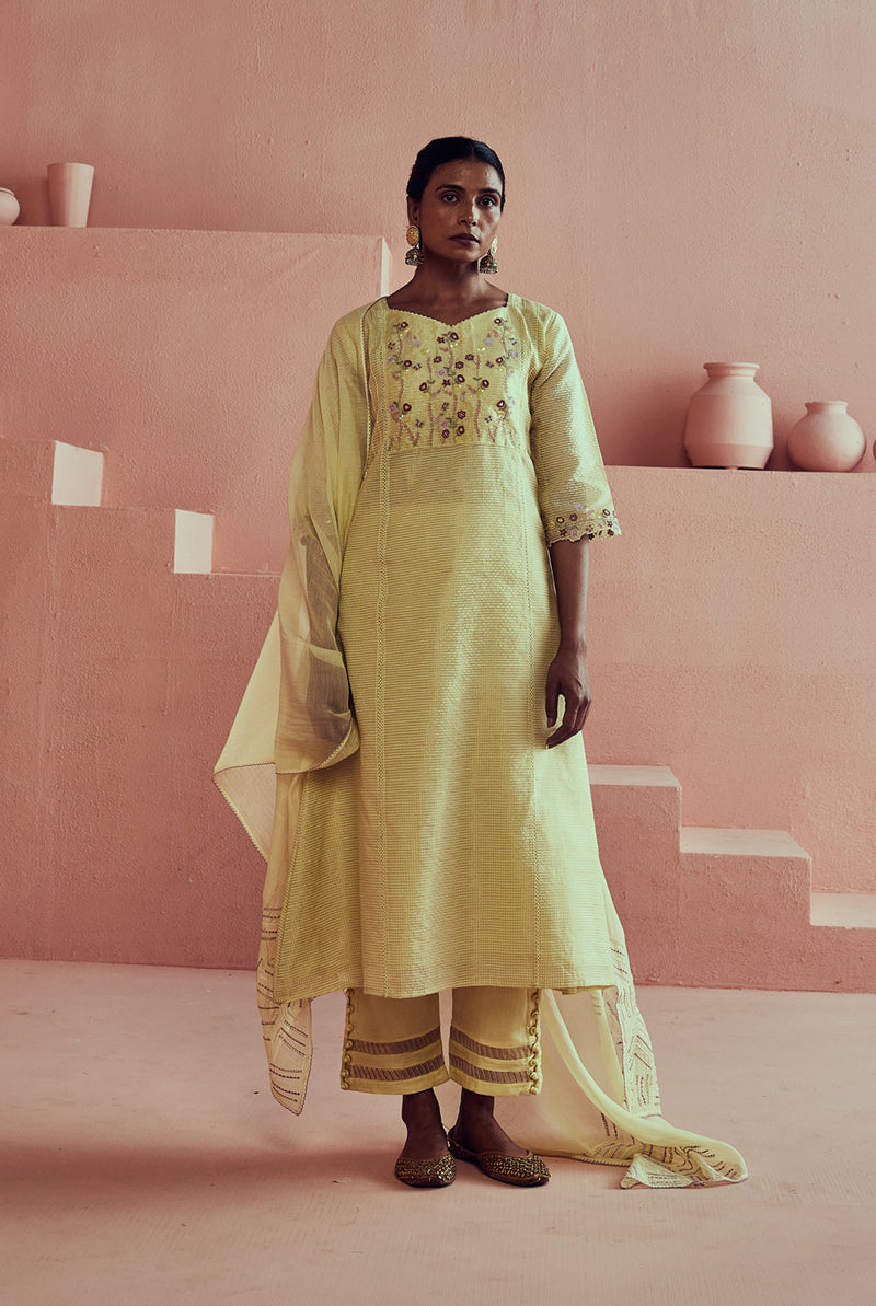 A women wearing yellow pure fancy chanderi suit set, ethnic wear for women.