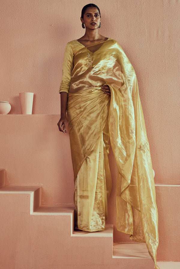 A women wearing yellow pure tissue saree with handwork, traditional wear for women.